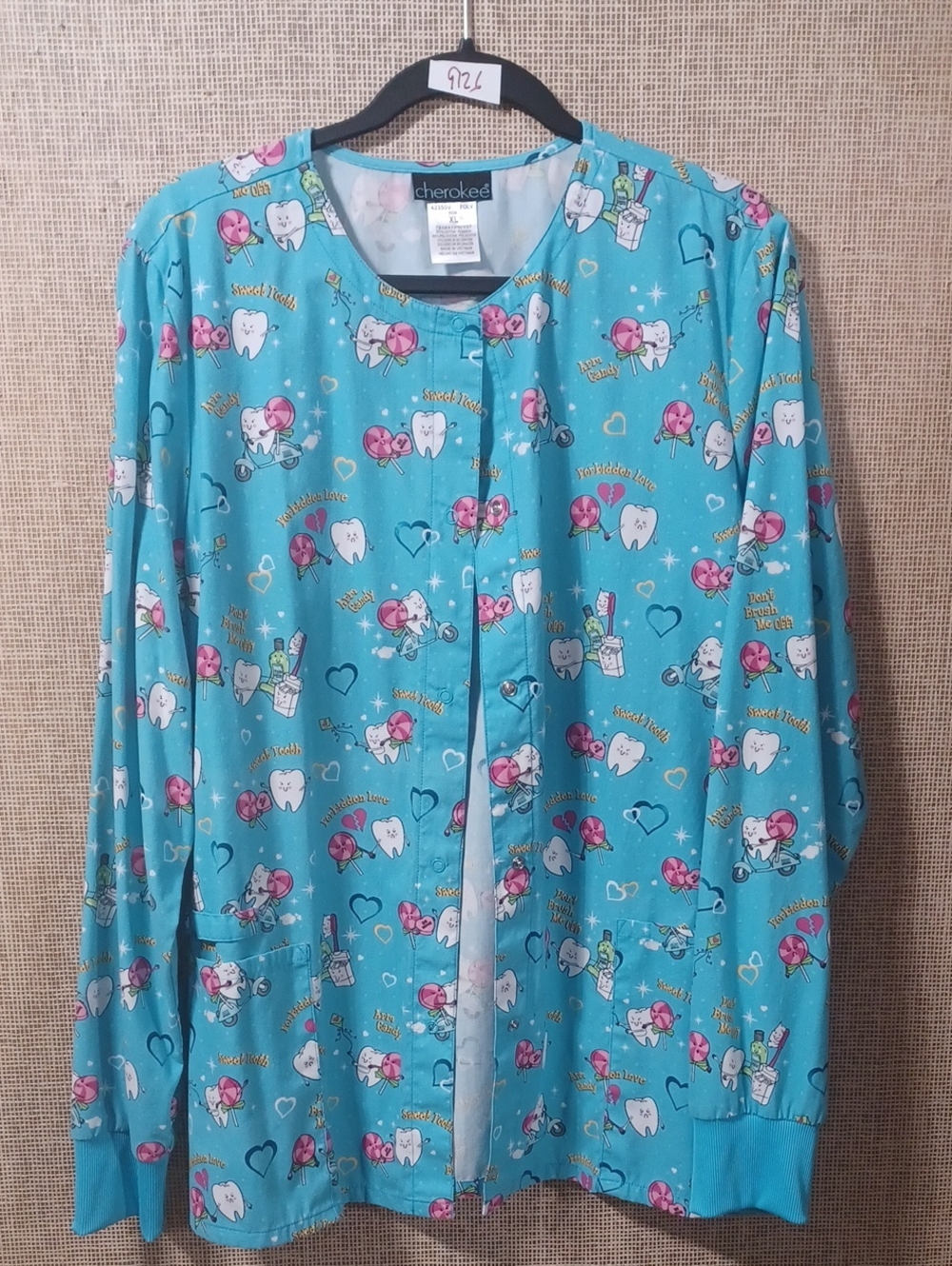 Cherokee Turquoise Dental Print Scrub Jacket with Pink Accents